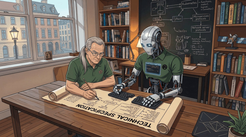Young woman and robot collaborating on a development specification document.
